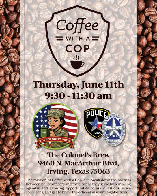 Image advertising Coffee with a Cop on June 11 from 9:30-11:30am at The Colonel's Brew
