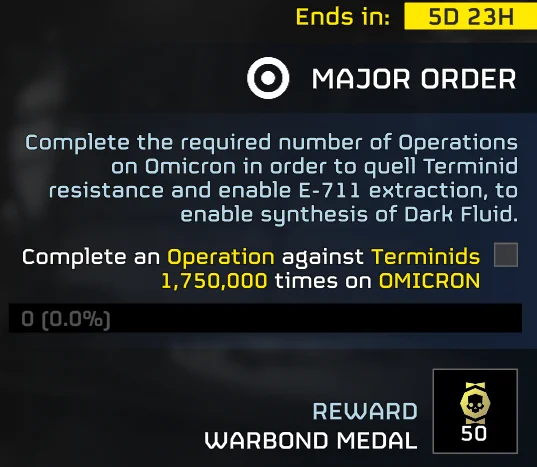 A screenshot of the Major Order, which says "Complete the required number of Operations on Omicron in order to quell Terminid resistance and enable E-711 extraction to enable synthesis of dark fluid. Complete an Operation against Terminids 1,750,000 times on Omicron. Reward: Warbond Medal 50."
This major order ends in 5 days, 23 hours.