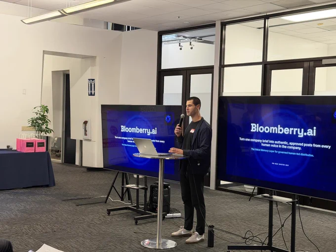 Sadok Hasan, founder of Bloomberry, presenting Bloomberry to investors and operators at AI-tonomy at Plug and Play in Sunnyvale, CA.
