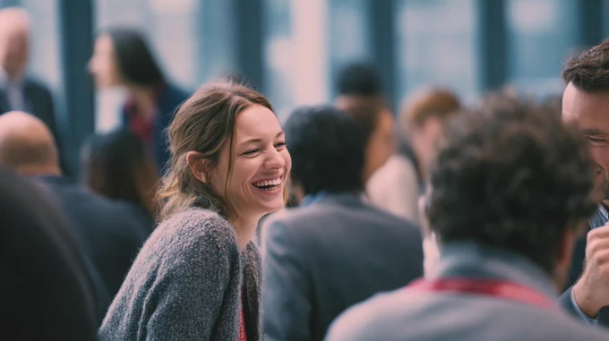 A woman laughing at a conference.