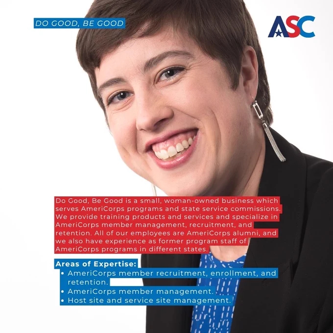 Picture of Do Good Be Good founder and CEO. Below the text lists a short description of the company and what they offer. Below that expands on their areas of expertise.