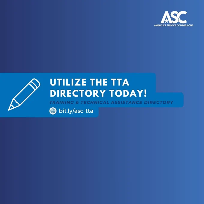 The image features a blue gradient background with bold text stating, "Utilize the TTA directory today!" Below, in smaller letters, it reads, "Training & Technical Assistance Directory." A URL is provided: bit.ly/asc-tta.