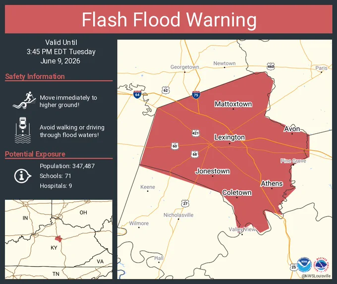 This graphic displays a flash flood warning plotted on a map. The warning is in effect until 3:45 PM EDT. The warning includes Lexington KY, Athens KY and Coletown KY.  This warning is for Fayette County in central Kentucky. Avoid walking or driving through flood waters! Move immediately to higher ground! There are 347,487 people in the warning along with 71 schools and 9 hospitals.