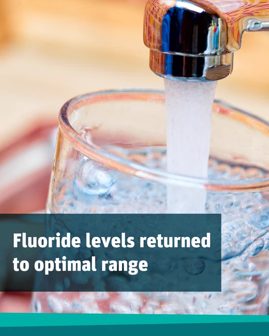 A glass being filled with water from a tap.
Fluoride levels returned to optimal range