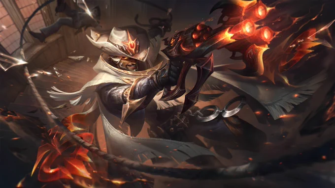 High Noon Akshan holds a whip in his left hand and a grappling hook gun in his right, both of which are aimed towards the ceiling as he falls between a long spiral flight of stairs. He smiles underneath his white and gold hat as several enemies fall around him.