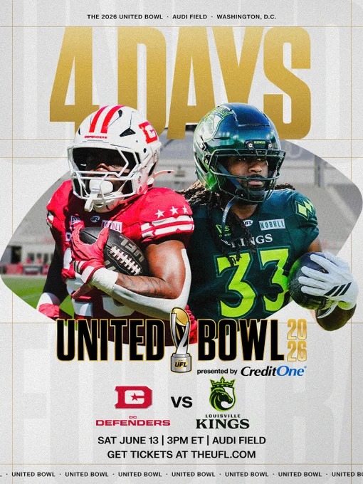 Promotional poster for the 2026 United Bowl, featuring two football players from the DC Defenders and the Louisville Kings. The mood is competitive and anticipatory.