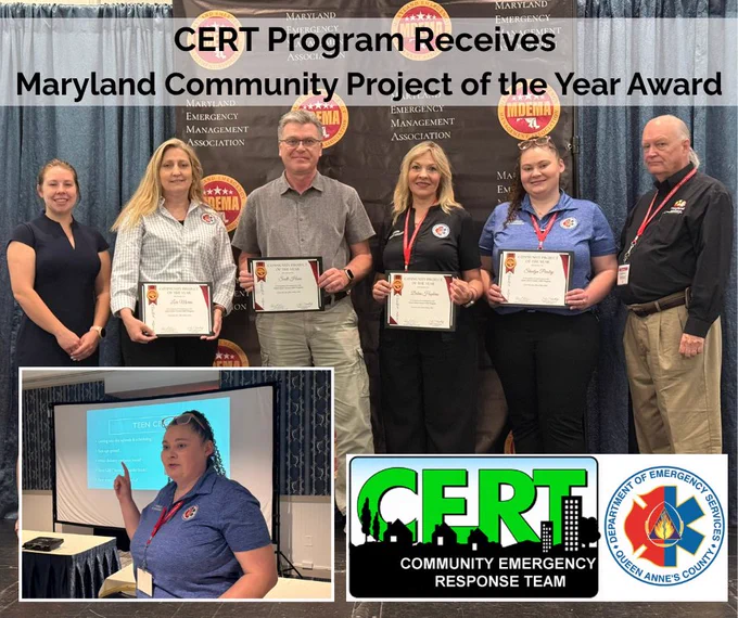 Group of six people standing in front of a Maryland Emergency Management backdrop holding certificates for the CERT Program award.