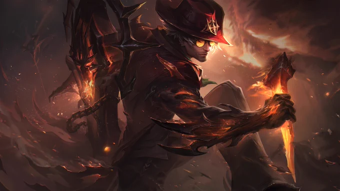 High Noon Locke’s right arm pulses with dark infernal energy as he holds a molten railway spike in his hand. His red cowboy hat with gold trim features a golden emblem that shines from the fires burning down the house behind him.