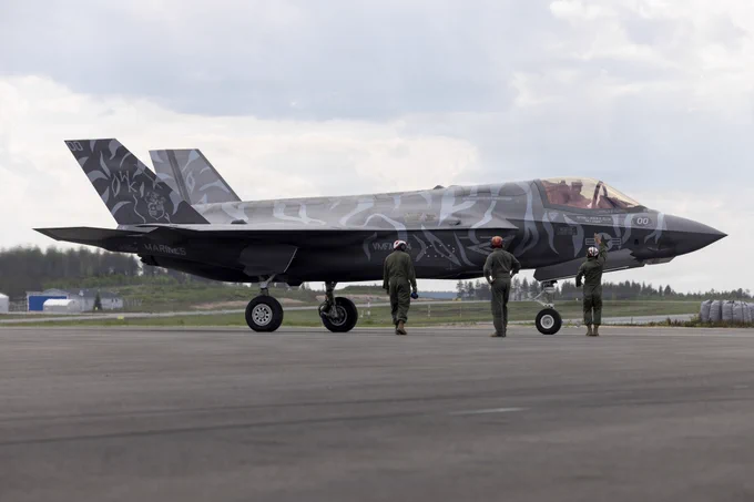 U.S. Marines with Marine Fighter Attack Squadron (VMFA) 224, Marine Aircraft Group 31, 2nd Marine Aircraft Wing, taxi an F-35B Lightning II down a flight line during exercise Ramstein Flag 2026 at Rovaniemi Air Base, Finland, June 5, 2026. The F-35 serves as a versatile asset in support of expeditionary and rapid deployment operations, displaying U.S. capabilities in support of NATO allies. RAFL26 is NATO’s premier multi-domain tactical exercise involving 19 nations and over 15 operational locations. The exercise provides realistic combat scenarios in complex environments and is designed to enhance the Alliance’s deterrence and collective defense. (U.S. Marine Corps photo by Lance Cpl. Perri Wood)