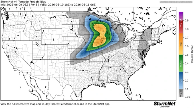 StormNet-v4 tornado probability map with a 64% maximum 12-hour risk from 2026-06-10 18Z to 2026-06-11 06Z. Model initialized 2026-06-09 06Z at forecast hour 048.