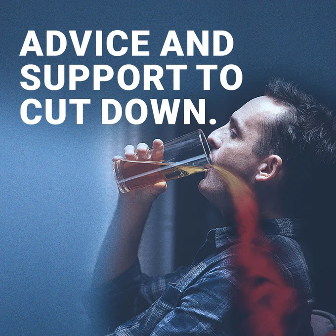 An image of man drinking a glass of alcohol with the text Advice and support to cut down.