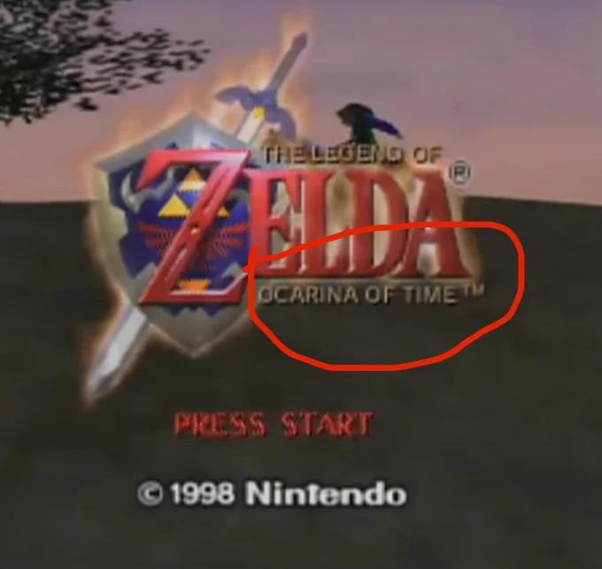 The Legend of Zelda: Ocarina of Time title screen with “Ocarina of Time” circled in red