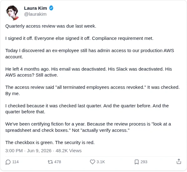 Quarterly access review was due last week.

I signed it off. Everyone else signed it off. Compliance requirement met.

Today I discovered an ex-employee still has admin access to our production AWS account.

He left 4 months ago. His email was deactivated. His Slack was deactivated. His AWS access? Still active.

The access review said "all terminated employees access revoked." It was checked. By me.

I checked because it was checked last quarter. And the quarter before. And the quarter before that.

We've been certifying fiction for a year. Because the review process is "look at a spreadsheet and check boxes." Not "actually verify access."

The checkbox is green. The security is red.