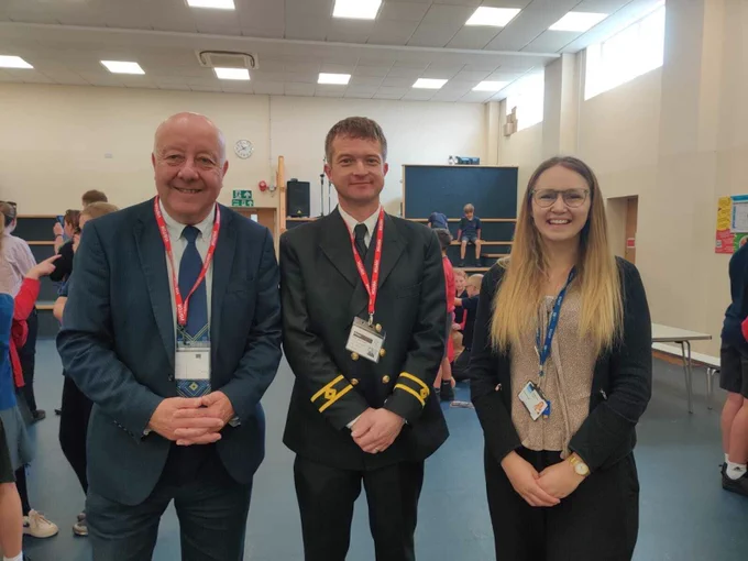 Steve Darling MP with teacher Kim and merchant naval second mate James at Shiphay Learning Academy Careers Day
