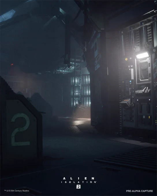 The interior of what ressembles a space ship, with a panel and buttons on the right side and a ladder with a character sitting at its bottom at the back. Alien Isolation 2.