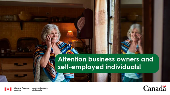 A person holds a mobile phone to their ear. The text: "Attention business owners and self-employed individuals!"