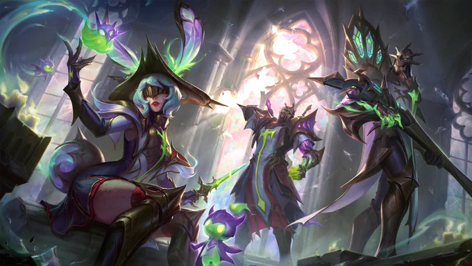 Broken Covenant Aurora wears a golden mask that covers her eyes as she sits on a broken pillar and examines a spectral wisp wearing a purple crown that hovers above her right hand. Broken Covenant Shen stands in the center with his hand gripping the hilt of his purple blade, ready to strike. Broken Covenant Jhin stands on the right side with his gun pointed off screen and shoulderpads that look like stained glass windows.