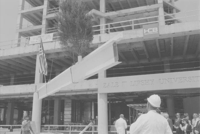 Construction workers and observers gathered at the Zale Lipshy University Hospital construction site. A steel beam is being raised with a flag of the United States and tree attached to it.