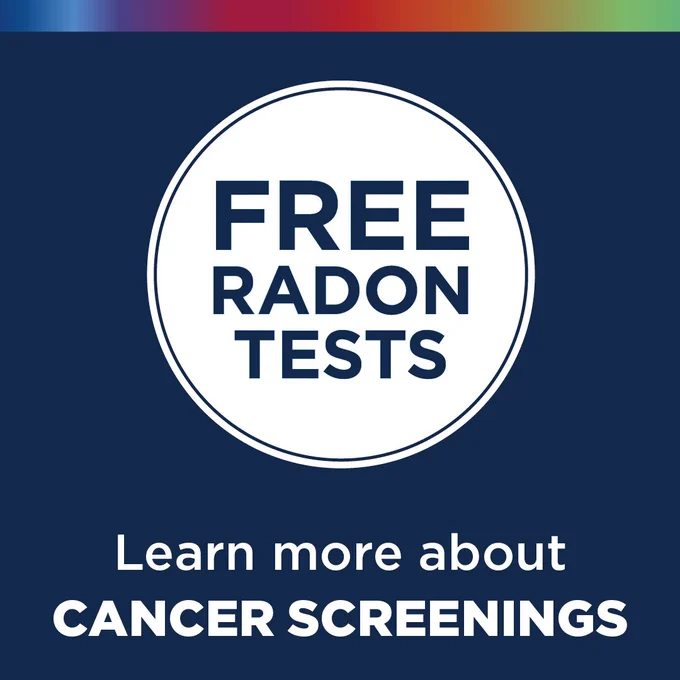 Circular badge with 'FREE RADON TESTS' promoting awareness about cancer screenings.