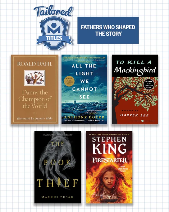 Collection of five books for the category 'Fathers Who Shaped the Story' featuring works by Roald Dahl, Anthony Doerr, Harper Lee, Markus Zusak, and Stephen King.