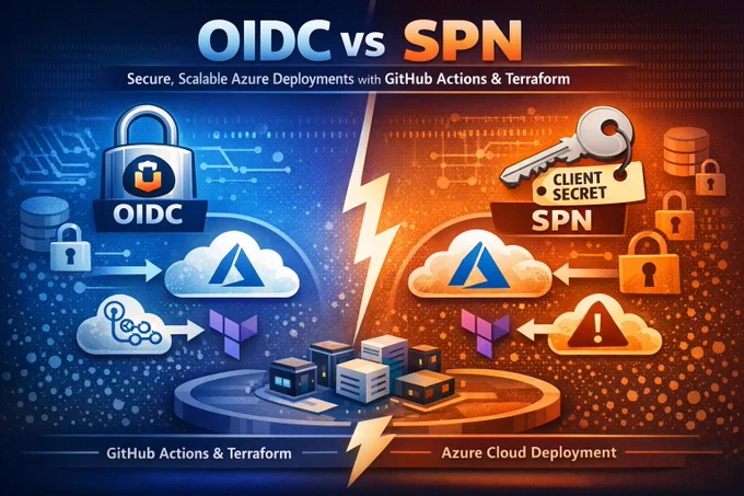A split graphic compares OIDC and SPN for Azure deployments. The left blue side shows OIDC with icons for a padlock, cloud, Azure, GitHub Actions, and Terraform, emphasizing secure, automated authentication. The right orange side shows SPN with a key labeled “Client Secret,” padlocks, cloud icons, the Azure logo, and Terraform symbols, representing credential‑based access. A lightning bolt divides the two approaches, and the top text reads “OIDC vs SPN — Secure, Scalable Azure Deployments with GitHub Actions & Terraform.”