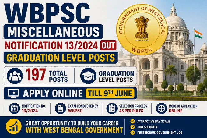 WBPSC Miscellaneous Notification 13/2024 OUT for Graduation Level Posts, Apply Online till 9th June
