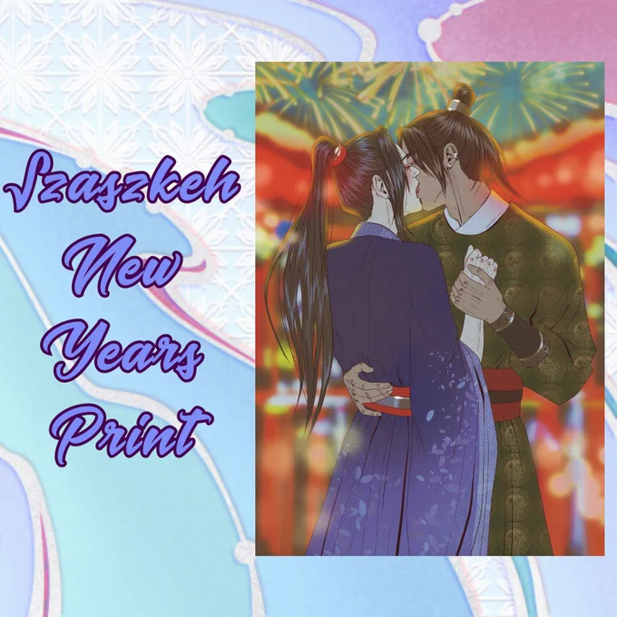 Background with swirly blue-ish colours. On the left side, in cursive blue letters the text Szaszkeh New Years Print, and next to it there is a full preview of the item
