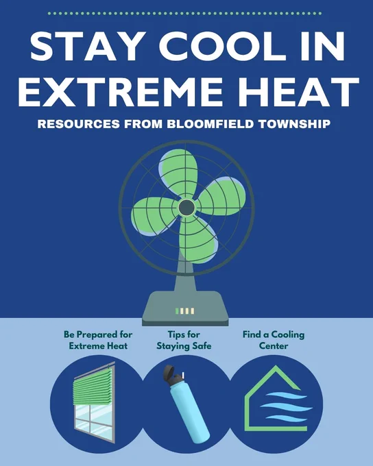 An oscillating fan with a notice about Stay Cool in Extreme Heat with resources from Bloomfield Township to include be prepared for extreme heat, tips for staying safe, and find a cooling center.