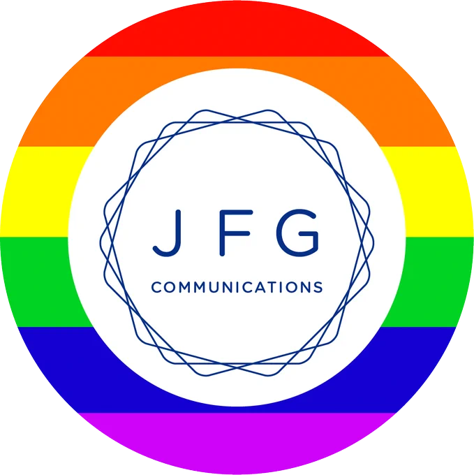 JFG Comms logo with pride colours in the background