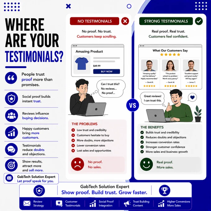 WHERE ARE YOUR TESTIMONIALS?

People trust proof more than promises.
Show results. Show reviews.
📩 Oriola Gabriel Olamide
GabTech Solution Expert

#Testimonials #CustomerReviews #BrandTrust #ShopifyBusiness #GabTechSolution #EcommerceGrowth #SocialProof #OnlineBusiness