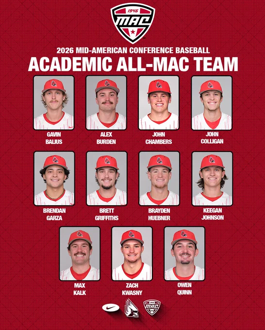 Academic All-MAC graphic for Ball State baseball featuring headshots of selected student-athletes
Text:
2026 Mid-American Conference Baseball
Academic All-MAC Team
Gavin Balius
Alex Burden
John Chambers
John Colligan
Brendan Garza
Brett Griffiths
Brayden Huebner
Keegan Johnson
Max Kalk
Zach Kwasny
Owen Quinn