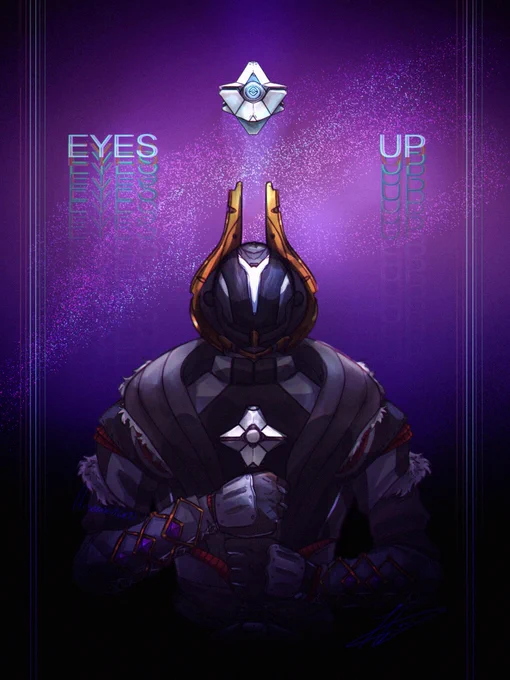 Illustration of warlock looking up to an illuminated ghost shell against a dark and purple background with the disappearing text: “eyes up”