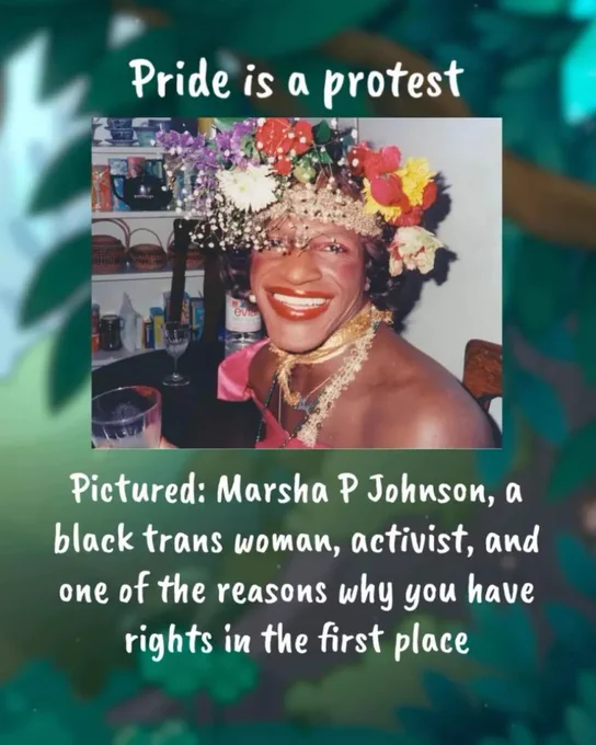 Image reads: Pride is a protest. Picture of Marsha P Johnson wearing a gorgeous flower crown, she is smiling at the camera. Image reads: Pictured: Marsha P Johnson, a black trans woman, activist, and one of the reasons why you have rights in the first place
