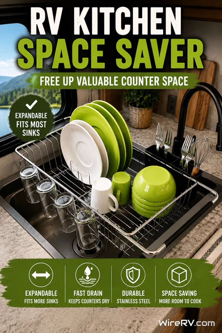Expandable over-the-sink drying rack holding dishes and utensils in an RV kitchen.
