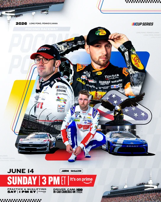 Tune-in graphic for Pocono. Sunday, 3 p.m. ET on Prime Video.