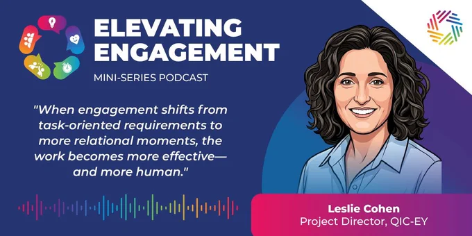 Promotional graphic for Elevating Engagement podcast featuring a quote and a depiction of Leslie Cohen, Project Director, QIC-EY. Elevating Engagement Mini Series Podcast. "When engagement shifts from task-oriented requirements to more relational moments, the work becomes more effective - and more human."
