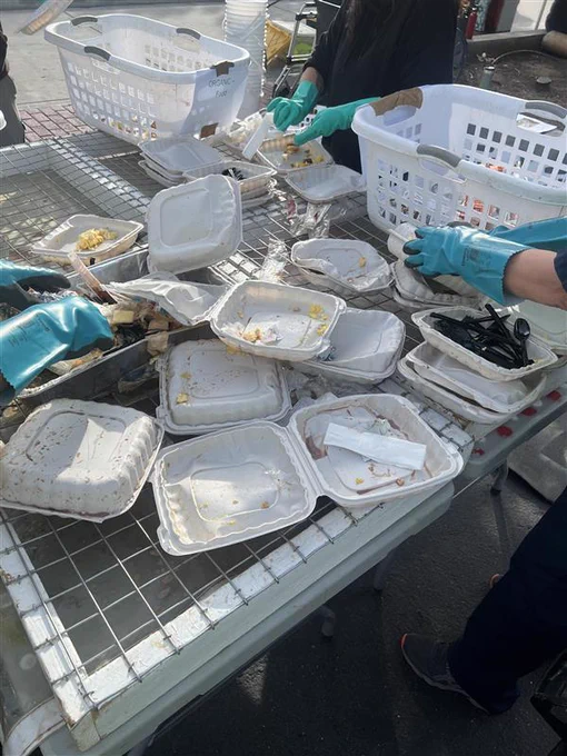 CalRecycle teams conduct a waste audit, examining to-go food containers from the recent Love Modesto event.