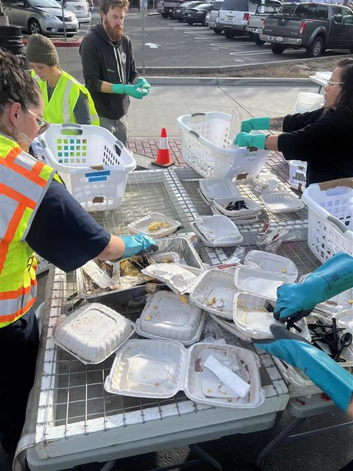 CalRecycle teams conduct a waste audit, examining to-go food containers from the recent Love Modesto event.