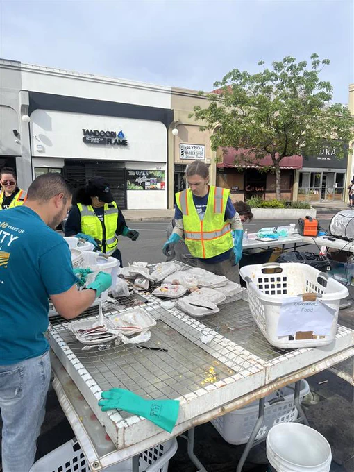 CalRecycle teams conduct a waste audit, examining to-go food containers from the recent Love Modesto event.