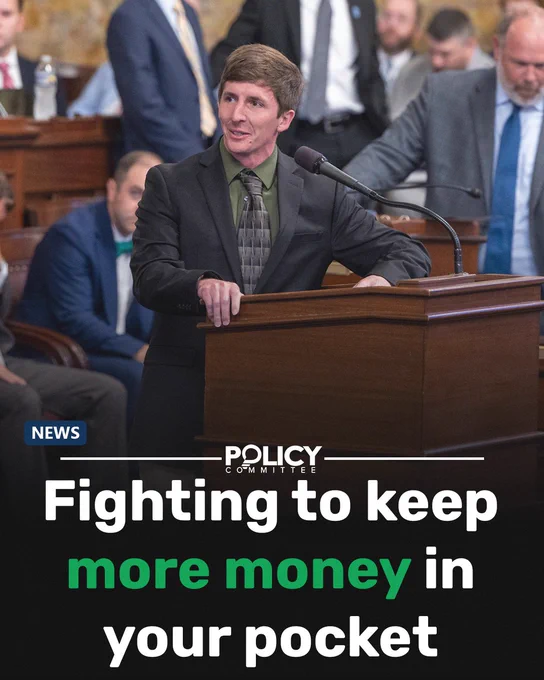 Policy Committee news graphic: Rep. Kephart speaks at a House floor podium about keeping more money in taxpayers' pockets.