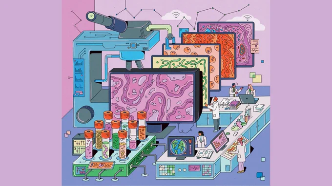A colorful digital pathology laboratory features microscopes, computer screens displaying tissue samples and pathogens, specimen tubes, and laboratory professionals using advanced technology. The artwork symbolizes the integration of digital pathology, artificial intelligence, and global collaboration to improve cancer diagnosis and patient care in low-resource settings.

Credit: Illustration for “The Path(ology) Forward” by Tara Roberts, Medicine at Michigan, Michigan Medicine.