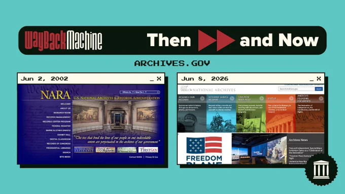 Image with text at the top that reads: "Wayback Machine Then and Now" then "Archives.gov". Below are Wayback Machine captures of the National Archives website from June 2, 2002, and June 8, 2026.