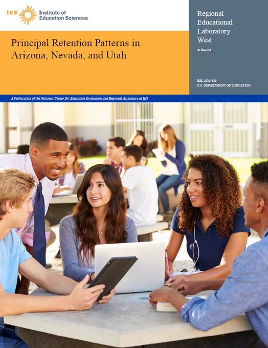 The image is the cover of the publication with black and white writing and a yellow and grey heading at the top with a picture of a principal talking to a group of students sitting and working at a table outside.