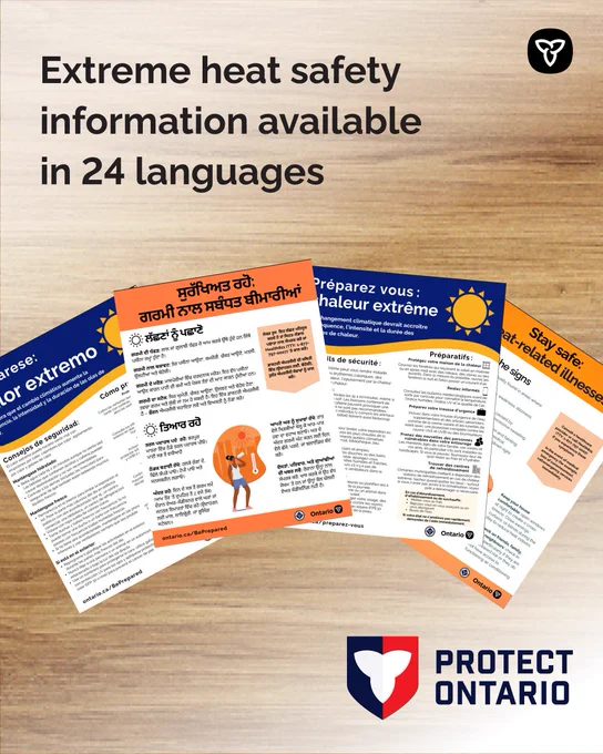 Extreme heat flyers displayed in various languages on blank background. Text: Extreme heat safety information available in 24 languages 