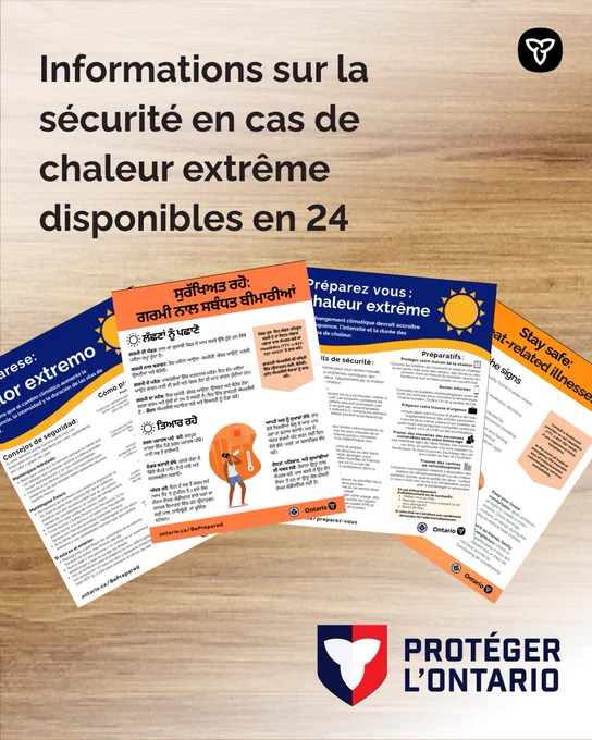 Dépliants sur la chaleur extrême en plusieurs langues sur fond uni. 
Text: Informations sur la sécurité en cas de chaleur extrême disponibles en 24 langues
