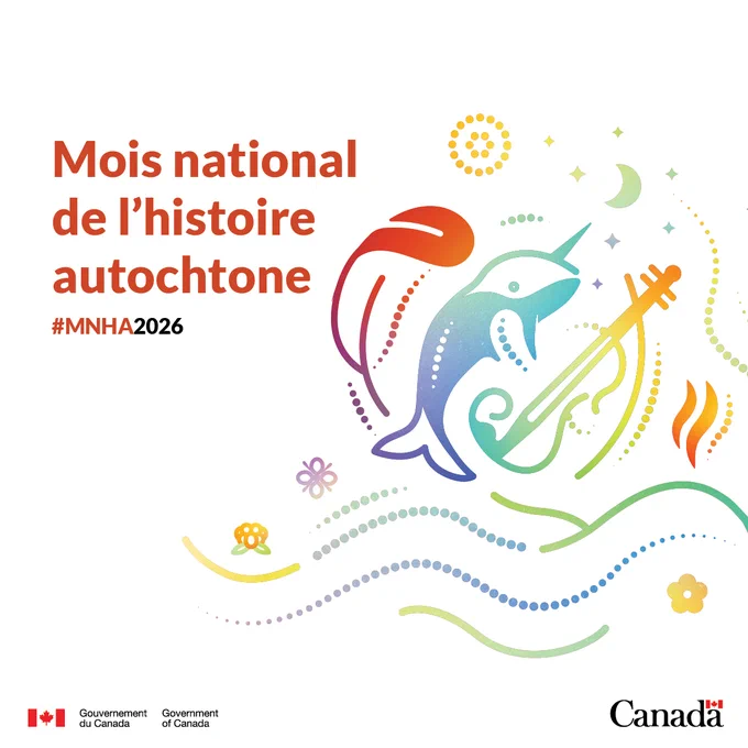 Une image où s'entremêlent des symboles représentant les Premières Nations, les Inuit et les Métis : une plume, un narval et un violon, rendus dans un dégradé aux couleurs de l'arc-en-ciel. Autour de ces symboles centraux se trouvent des éléments décoratifs illustrant d'autres aspects des cultures des Premières Nations, des Inuit et des Métis.
Texte :
Mois national de l'histoire autochtone
#MNHA2026