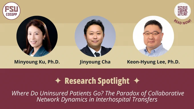 Promotional graphic titled "Where Do Uninsured Patients Go? The Paradox of Collaborative Network Dynamics in Interhospital Transfers." Below the title, a "Research Spotlight" header introduces the authors: Minyoung Ku, Ph.D., Keon-Hyung Lee, Ph.D., and Jinyoung Cha. A call-to-action button at the bottom reads "Read Now!" 
