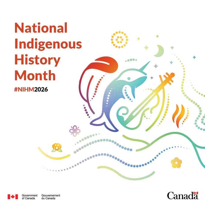 An image featuring intertwined illustrated symbols representing First Nations, Inuit and Métis: a feather, a narwhal and a fiddle, rendered in a flowing rainbow gradient. Surrounding these central symbols are decorative elements representing other aspects of First Nations, Inuit and Métis cultures.
Text:
National Indigenous History Month
#NIHM2026