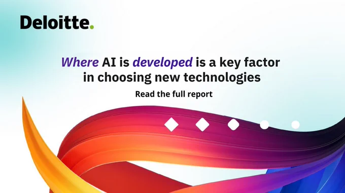 Deloitte banner: \"Where AI is developed is a key factor in choosing new technologies. Read the full report.\" Abstract ribbons of color span the bottom of the image, from yellow to blue/purple.
