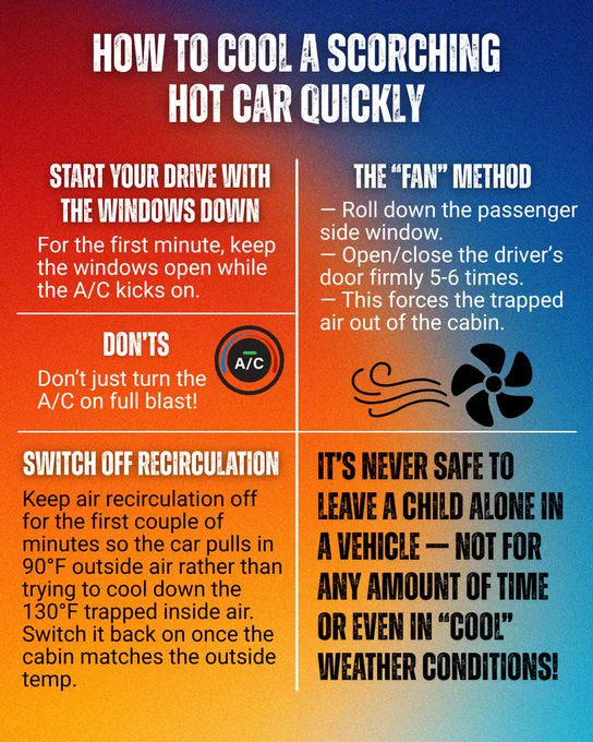 Graphic with tips on how to cool a hot car quickly.